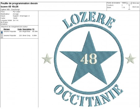 Motif de broderie  machine  étoile département 48 Lozère