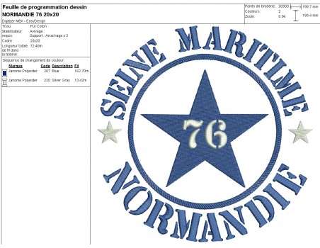 Motif de broderie  machine  étoile Seine Maritime département 76 Normandie
