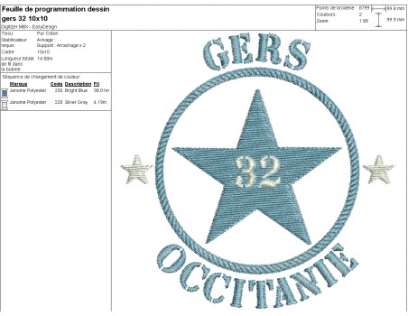 Motif de broderie  machine  étoile département 32 le Gers