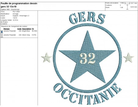 Motif de broderie  machine  étoile département 32 le Gers