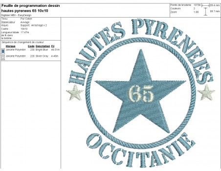 Motif de broderie  machine  étoile département 65 Hautes Pyrénées