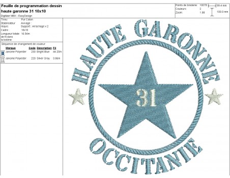 Motif de broderie  machine  étoile département 31 Haute Garonne