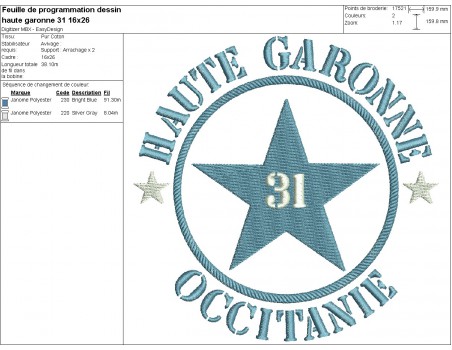 Motif de broderie  machine  étoile département 31 Haute Garonne