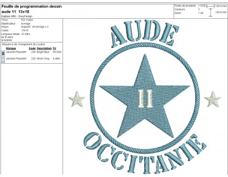 Motif de broderie  machine  étoile département 11 l' Aude