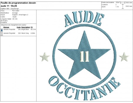 Motif de broderie  machine  étoile département 11 l' Aude