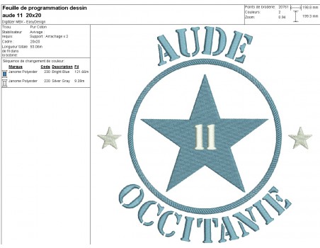 Motif de broderie  machine  étoile département 11 l' Aude