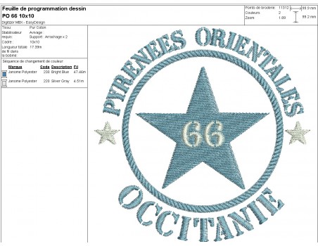 Motif de broderie  machine  étoile département 66 Pyrénées Orientales