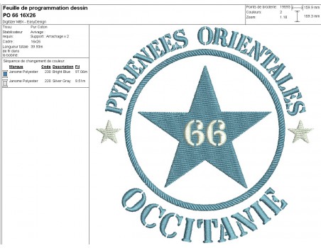 Motif de broderie  machine  étoile département 66 Pyrénées Orientales