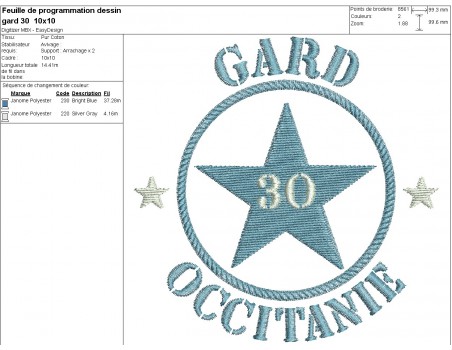 Motif de broderie  machine  étoile département 30 Gard