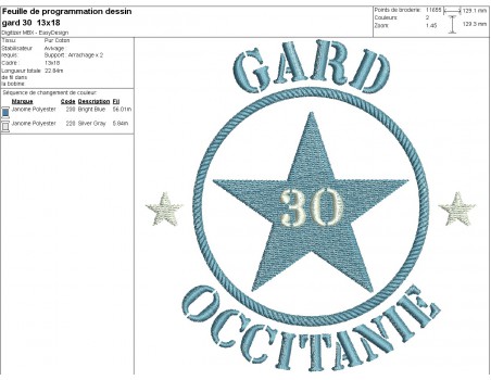 Motif de broderie  machine  étoile département 30 Gard