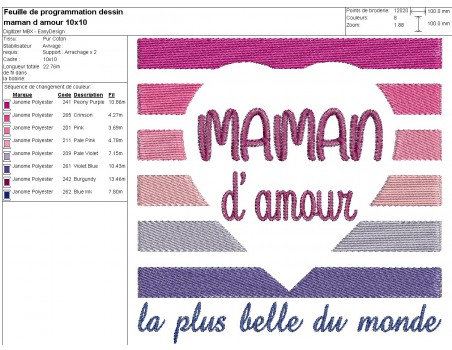 Motif de broderie machine  coeur maman d'amour