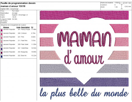 Motif de broderie machine  coeur maman d'amour