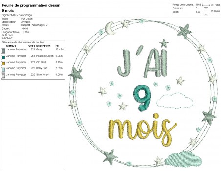 Motif de broderie machine  15 cadres décorés de  la naissance à 1 an