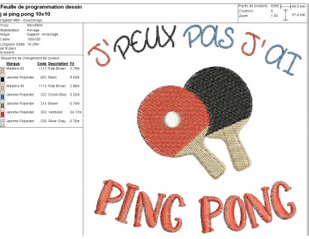 Motif de broderie machine  j'peux pas j'ai ping pong