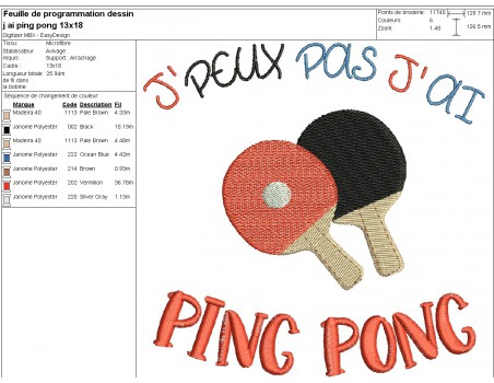 Motif de broderie machine  j'peux pas j'ai ping pong