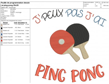 Motif de broderie machine  j'peux pas j'ai ping pong