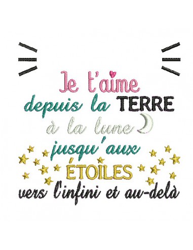 Motif de broderie machine texte je t'aime vers l'infini et au-delà