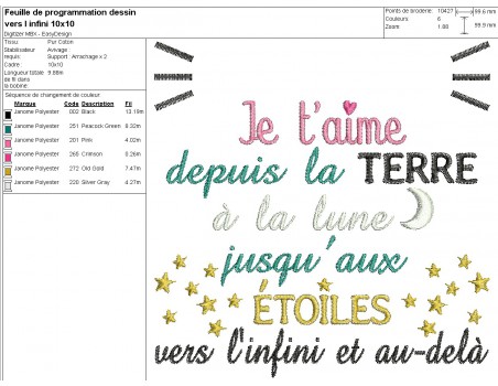 Motif de broderie machine texte je t'aime vers l'infini et au-delà