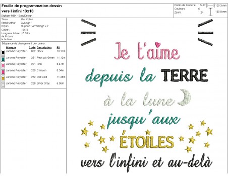 Motif de broderie machine texte je t'aime vers l'infini et au-delà