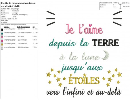 Motif de broderie machine texte je t'aime vers l'infini et au-delà