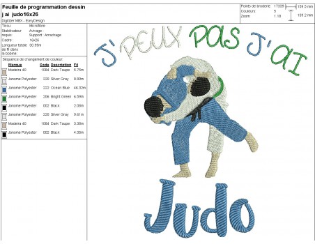 Motif de broderie machine  j'peux pas j'ai judo