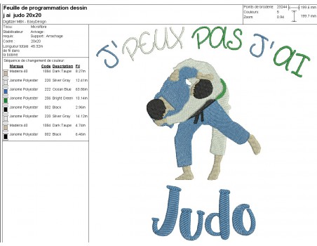 Motif de broderie machine  j'peux pas j'ai judo