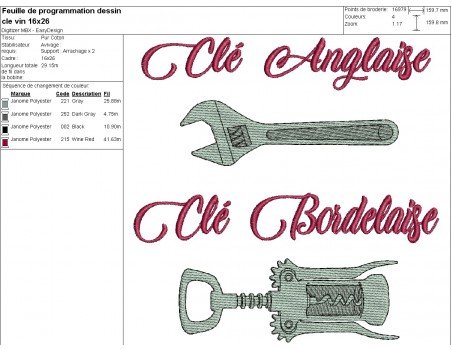 Motif de broderie machine  clé et tire bouchon