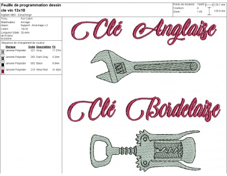 Motif de broderie machine  clé et tire bouchon