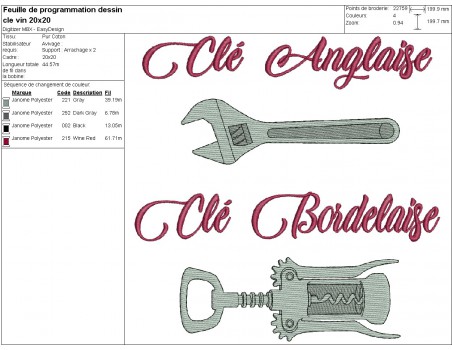 Motif de broderie machine  clé et tire bouchon