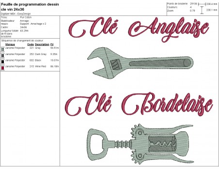 Motif de broderie machine  clé et tire bouchon