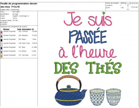 Motif de broderie machine  texte l'heure des thés au féminin