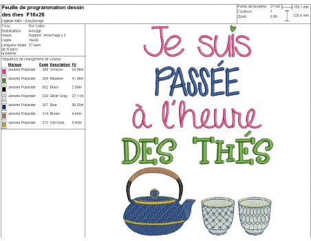 Motif de broderie machine  texte l'heure des thés au féminin