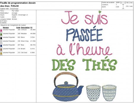 Motif de broderie machine  texte l'heure des thés au féminin