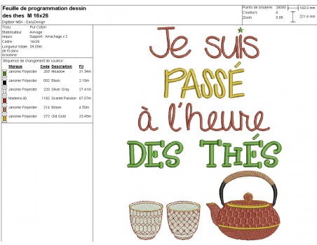 Motif de broderie machine  texte l'heure des thés au masculin