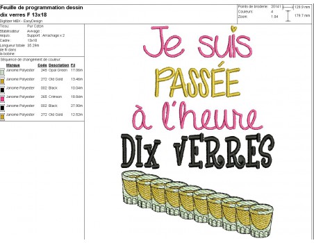 Motif de broderie machine  texte l'heure dix verres au féminin