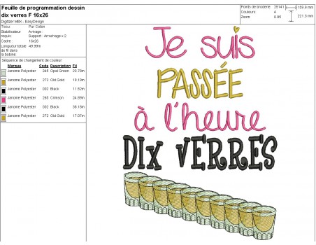 Motif de broderie machine  texte l'heure dix verres au féminin