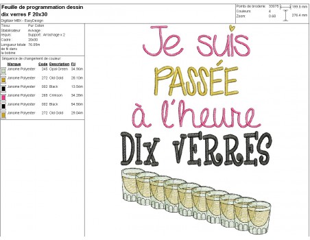 Motif de broderie machine  texte l'heure dix verres au féminin