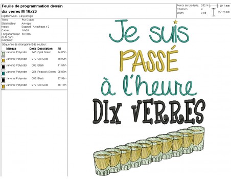 Motif de broderie machine  texte l'heure dix verres au masculin