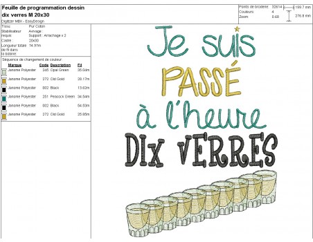 Motif de broderie machine  texte l'heure dix verres au masculin