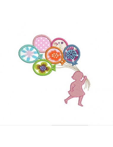 Motif de broderie machine silhouette petite fille  aux ballons