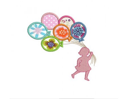 Instant download machine embroidery Chinese shadow silhouette little  girl with balloons
