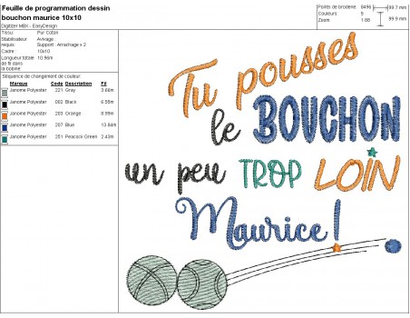 Motif de broderie machine  texte Maurice bouchon pétanque