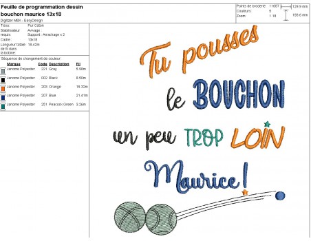 Motif de broderie machine  texte Maurice bouchon pétanque