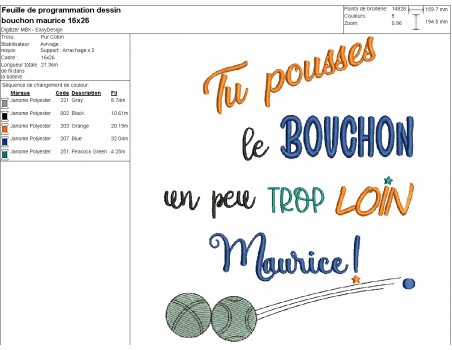 Motif de broderie machine  texte Maurice bouchon pétanque