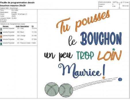 Motif de broderie machine  texte Maurice bouchon pétanque