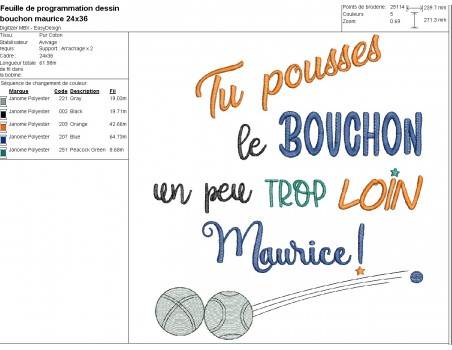 Motif de broderie machine  texte Maurice bouchon pétanque