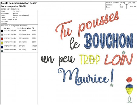 Motif de broderie machine  texte Maurice bouchon de pêche