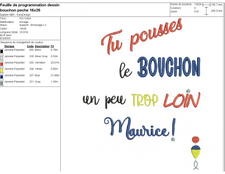 Motif de broderie machine  texte Maurice bouchon de pêche