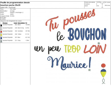 Motif de broderie machine  texte Maurice bouchon de pêche