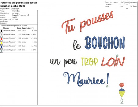 Motif de broderie machine  texte Maurice bouchon de pêche